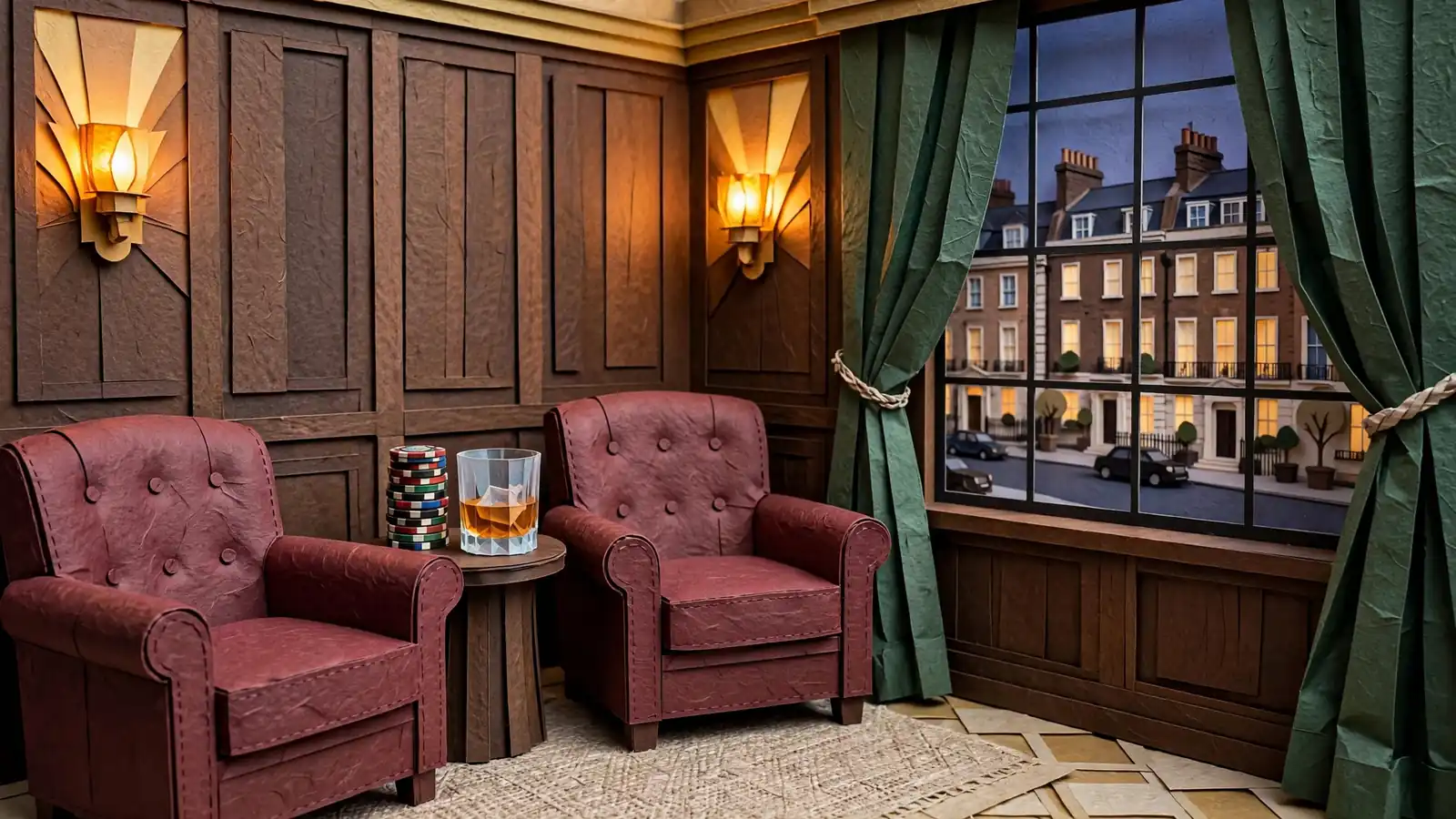 Exclusive private members' lounge in Mayfair with leather chairs, casino chips, and crystal whisky glass