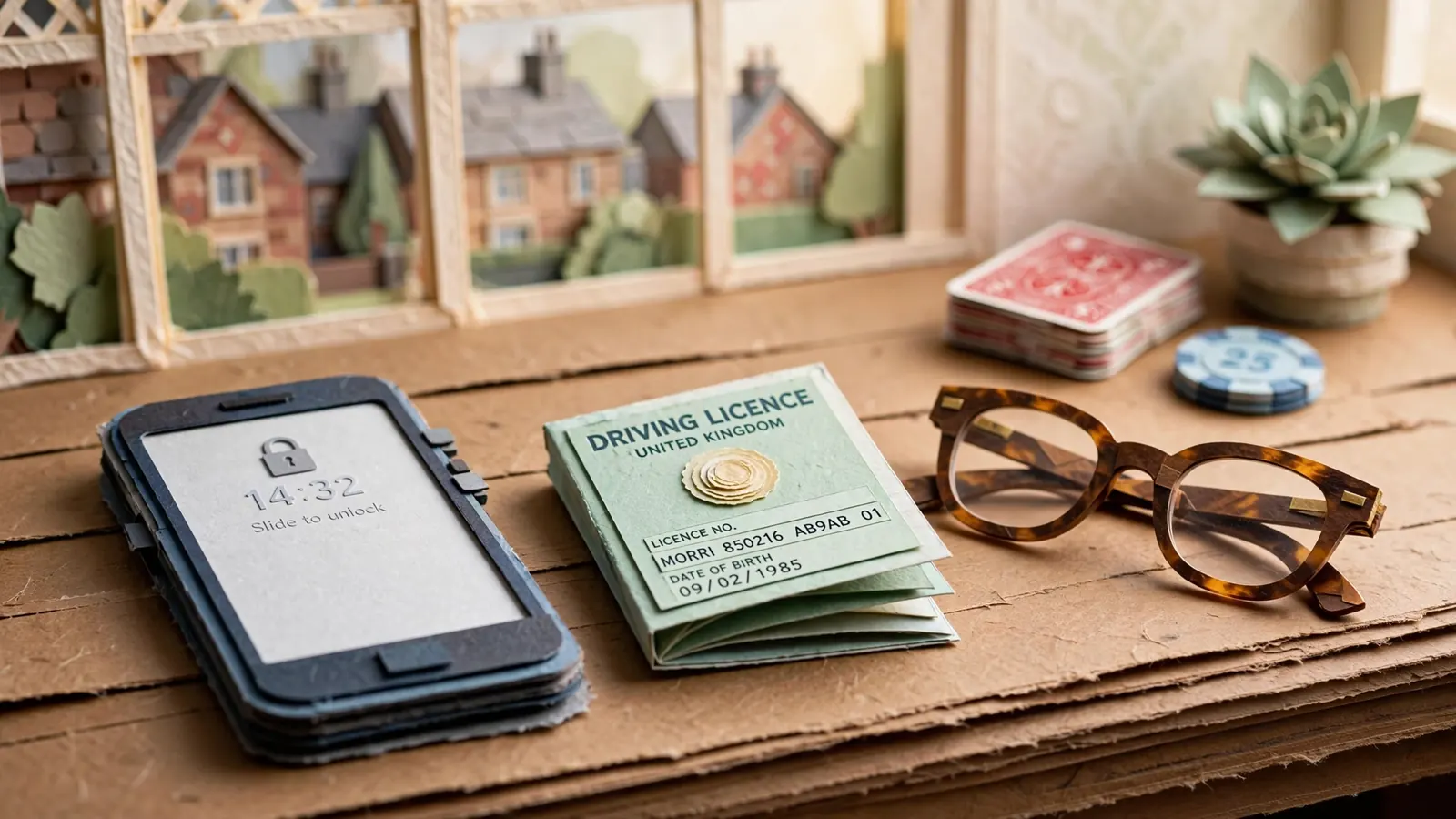 UK driving licence, smartphone and playing chips on a desk