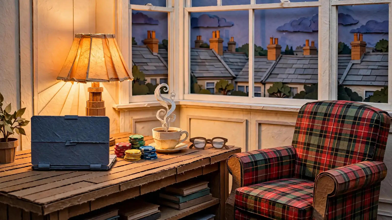 Poker chips, teacup, and closed laptop on a wooden desk in a British living room at dusk.