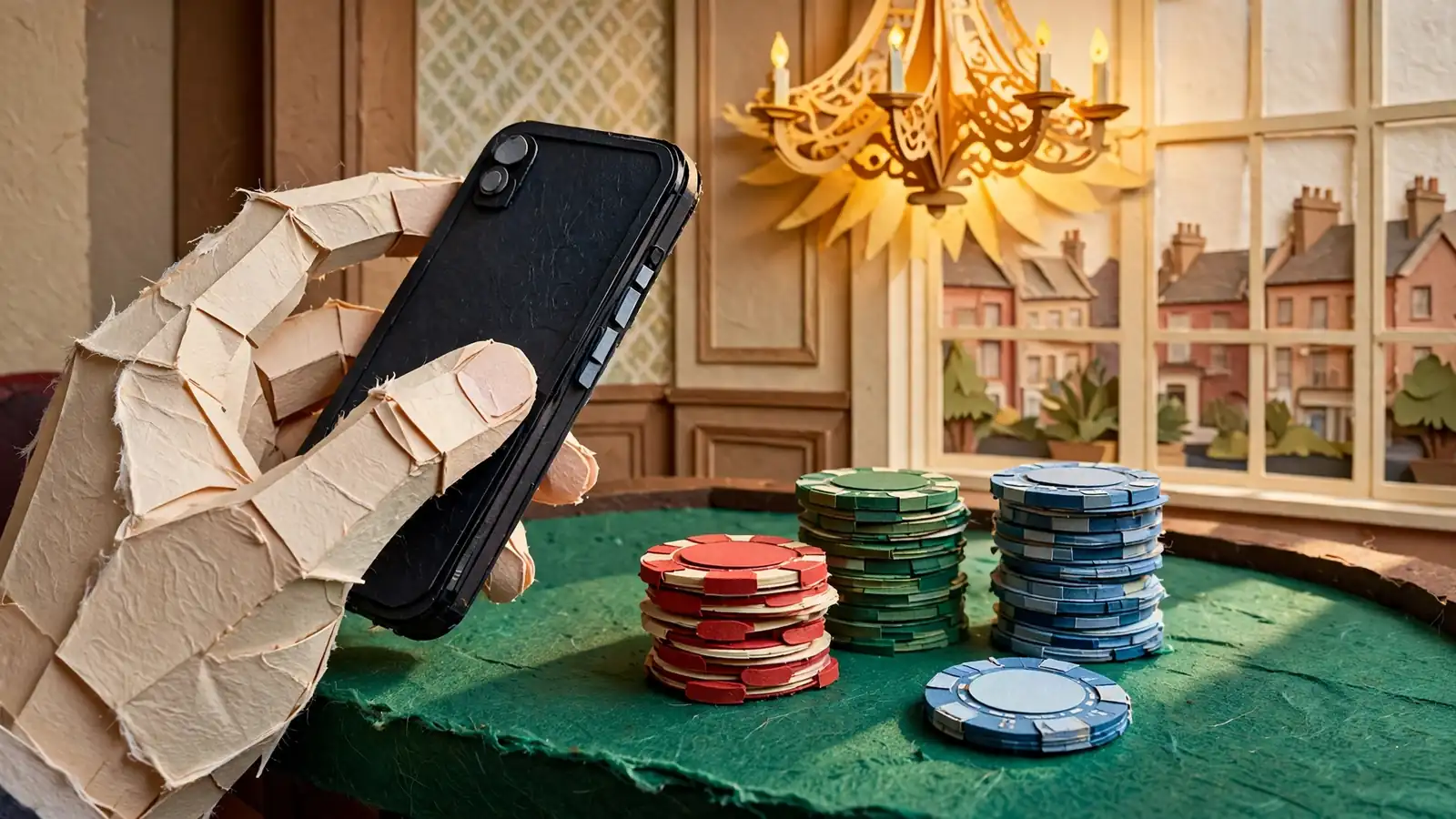 Hand holding smartphone over casino table with chips, screen turned away.