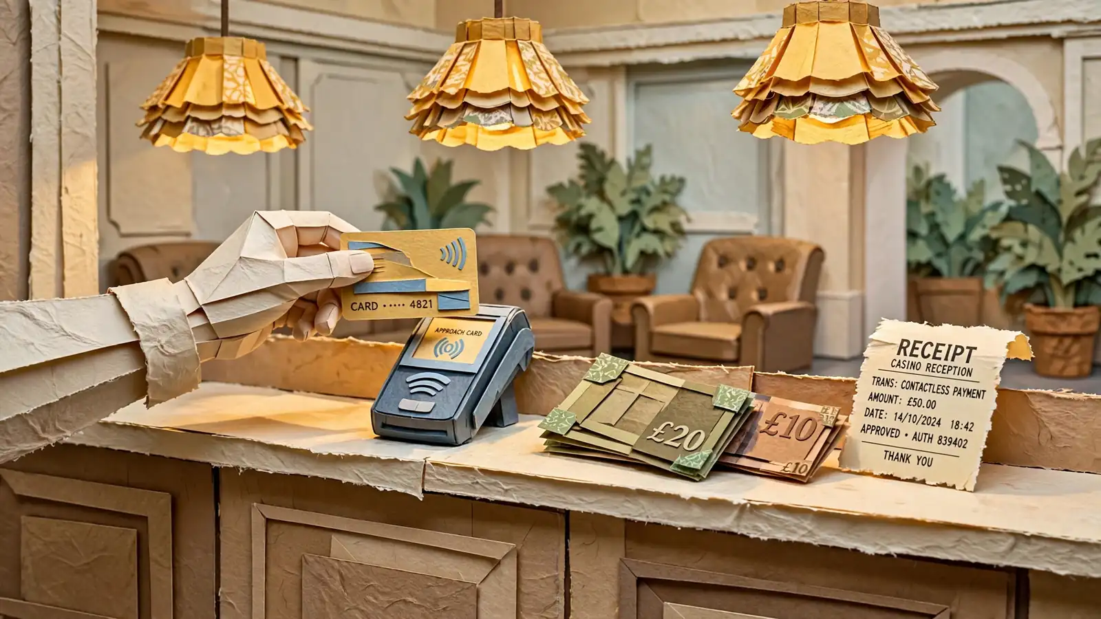 UK casino cashier counter with contactless card payment and British pounds.