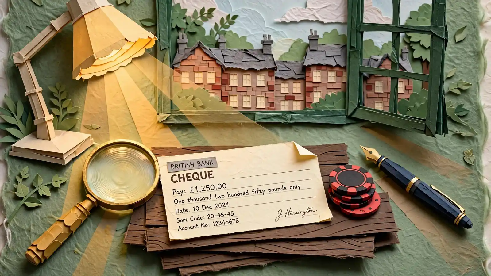 British bank cheque with casino chips and pen on green felt under warm lamp light.