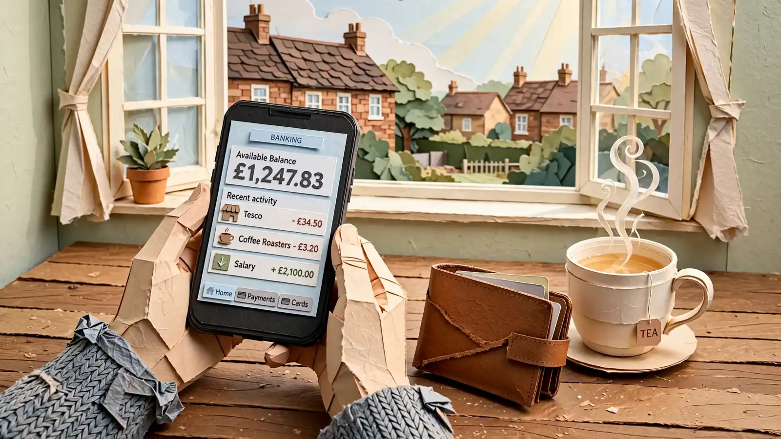 Hands holding a smartphone with a banking app on a wooden table beside a mug of tea.