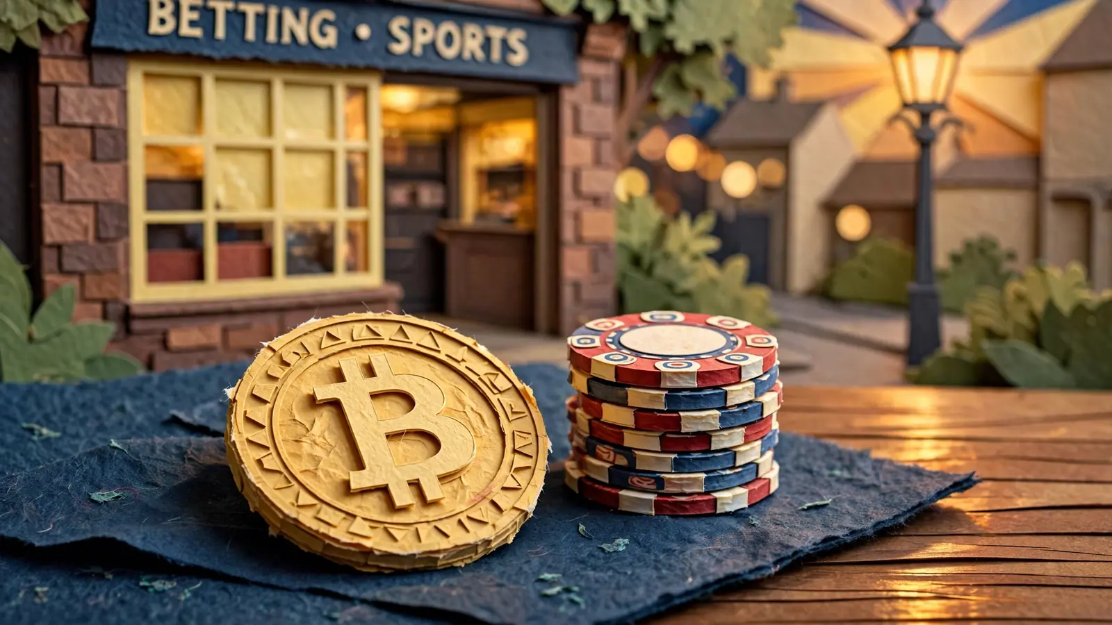 Bitcoin coin on a casino table with poker chips, UK betting shop backdrop
