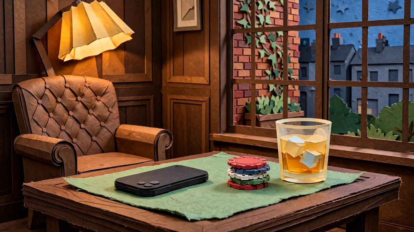 Phone on a casino table beside chips and whisky in a British club.