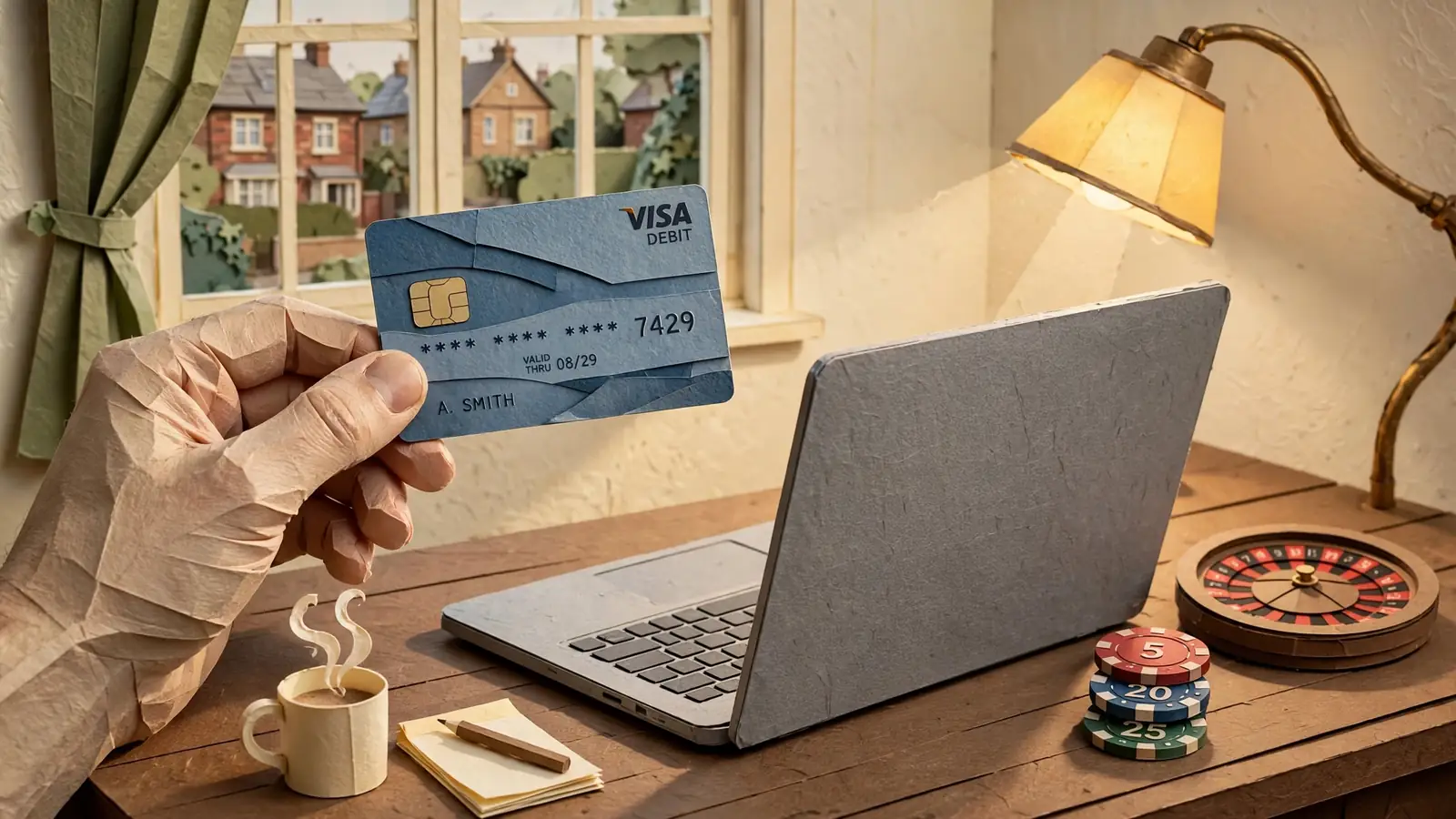 Player holding a UK bank card near a laptop at a casino cashier desk