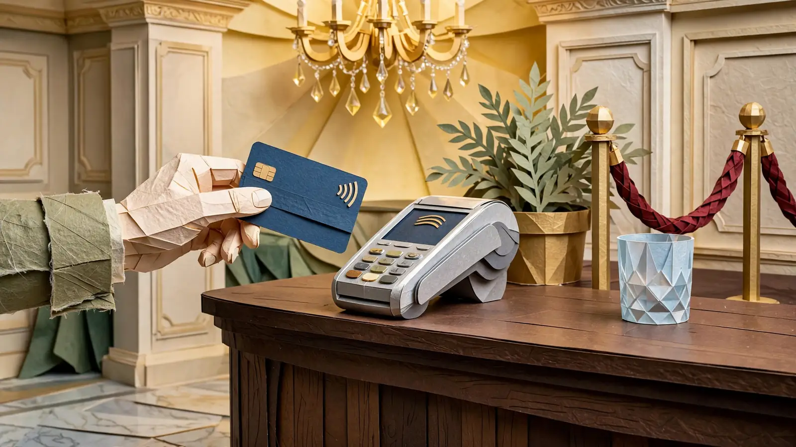 Hand with contactless card at payment terminal in UK casino cashier