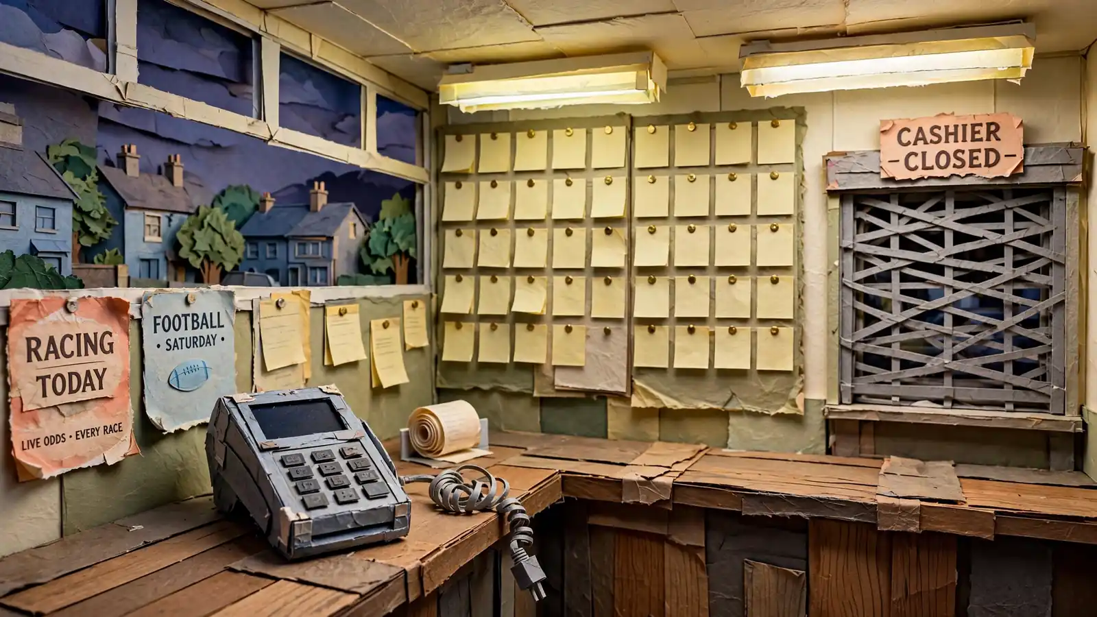 Unplugged payment terminal on a counter inside a quiet British bookmaker shop at dusk