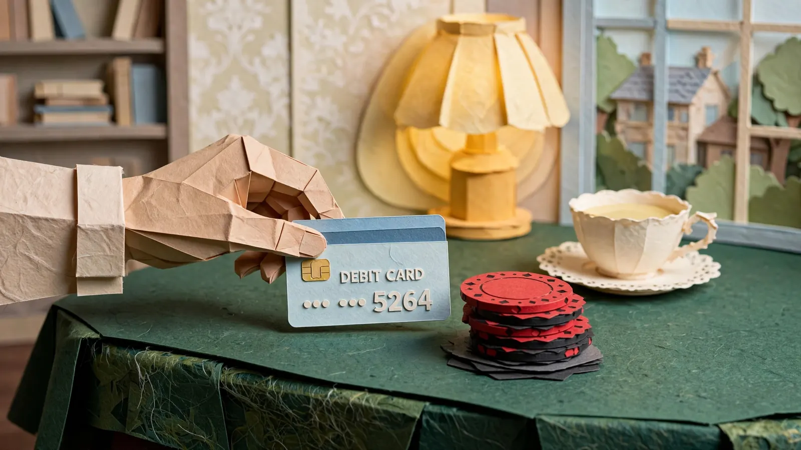 Debit card placed on casino felt table beside chips in British interior
