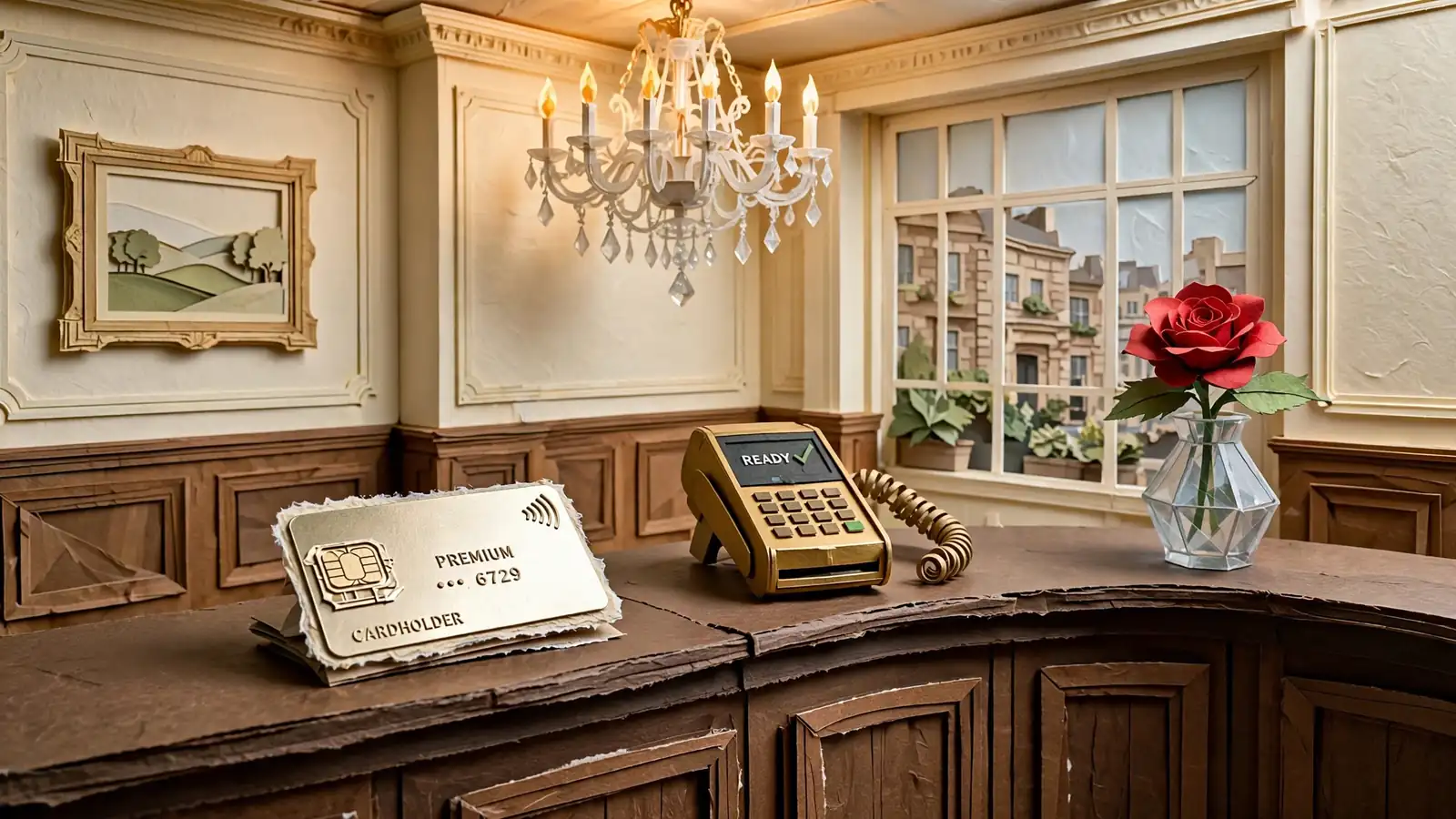 Premium payment card on a wooden cashier counter in an elegant UK casino.
