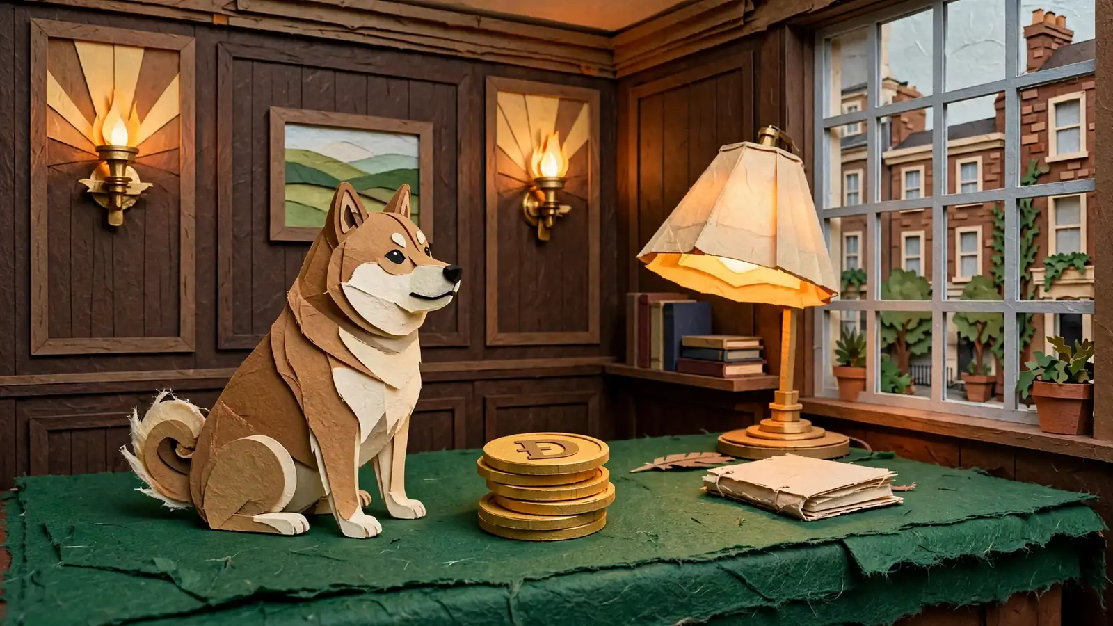 A Shiba Inu beside Dogecoin tokens in a wood-paneled British members' club