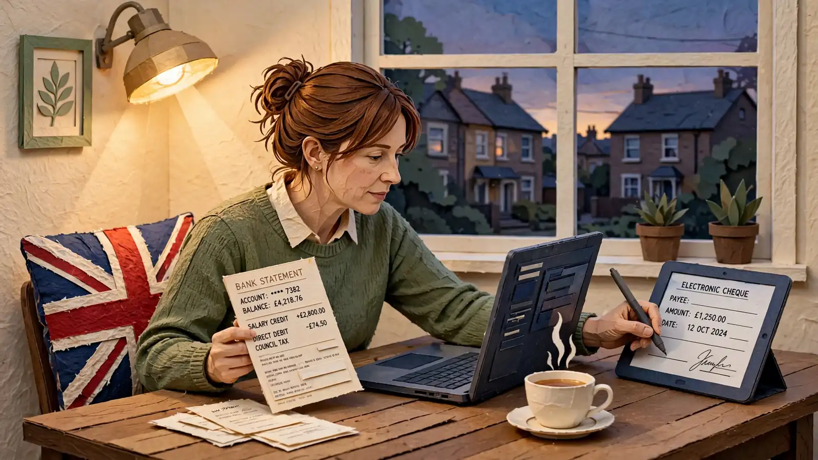 Person at a British home desk signing an e-check on a tablet next to a laptop and tea.