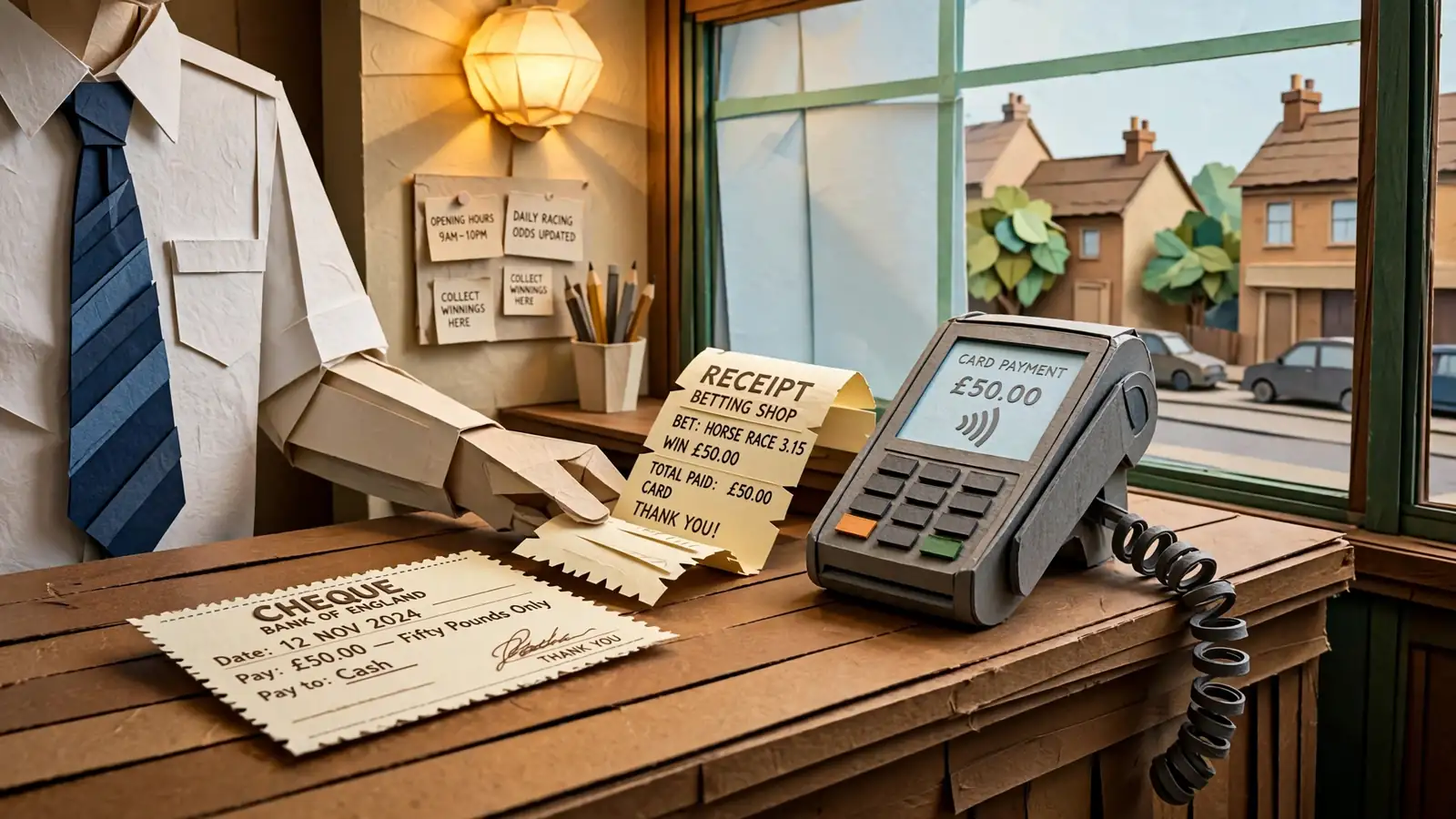 UK bookmaker cashier counter with cheque and card terminal