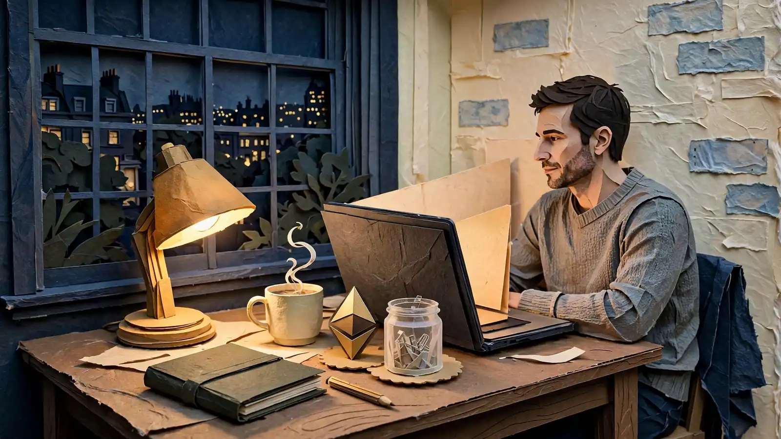 Man at a London desk at night with an Ethereum token and laptop nearby.