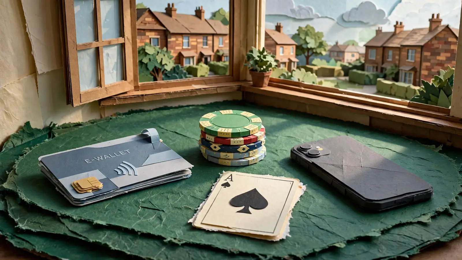 E-wallet card on green felt casino table with chips and phone
