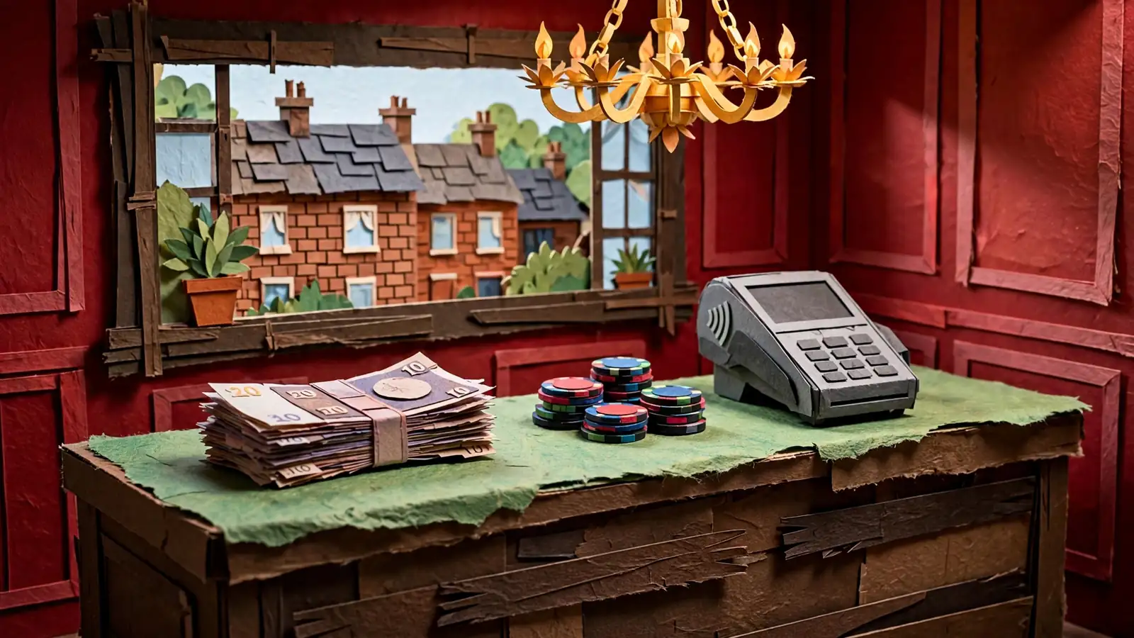 UK casino cashier counter with pound notes, chips, and a card terminal under warm light.