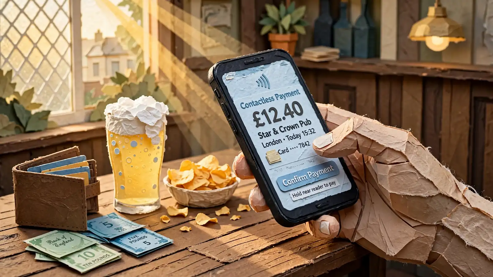 Hand holding smartphone for contactless payment in a British pub