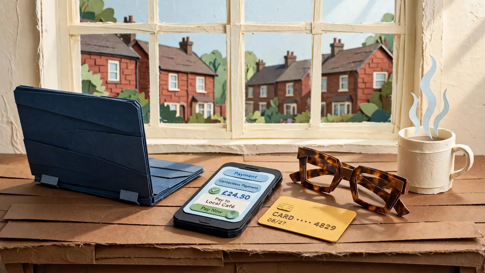 Laptop, bank card and smartphone on a desk near a window