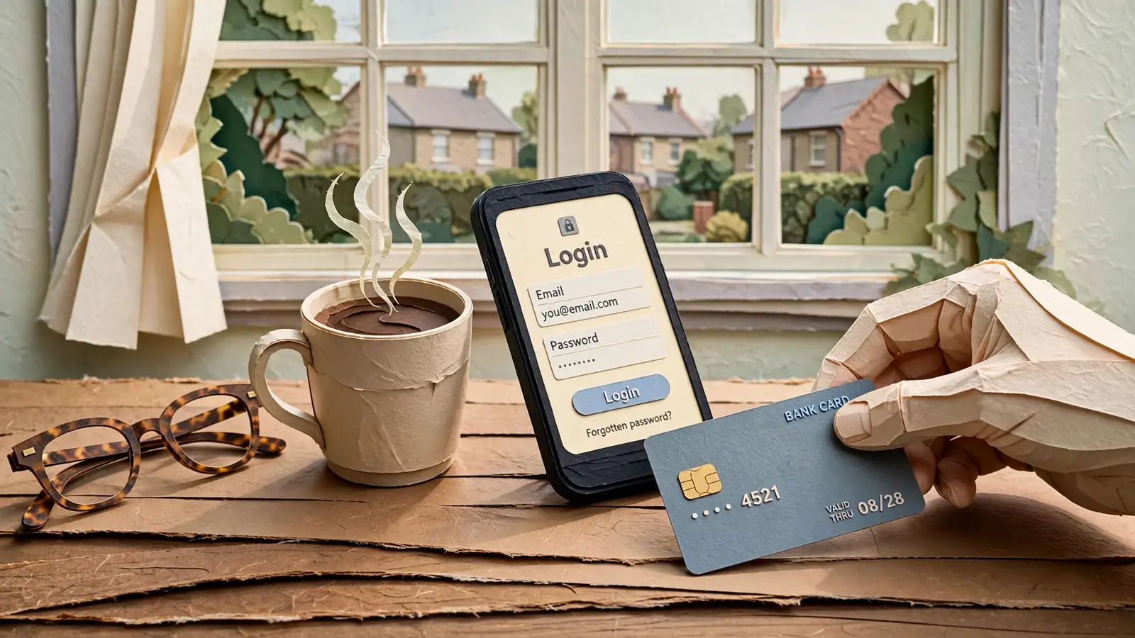 Hand placing a bank card beside a smartphone on a wooden desk in a bright UK home office.