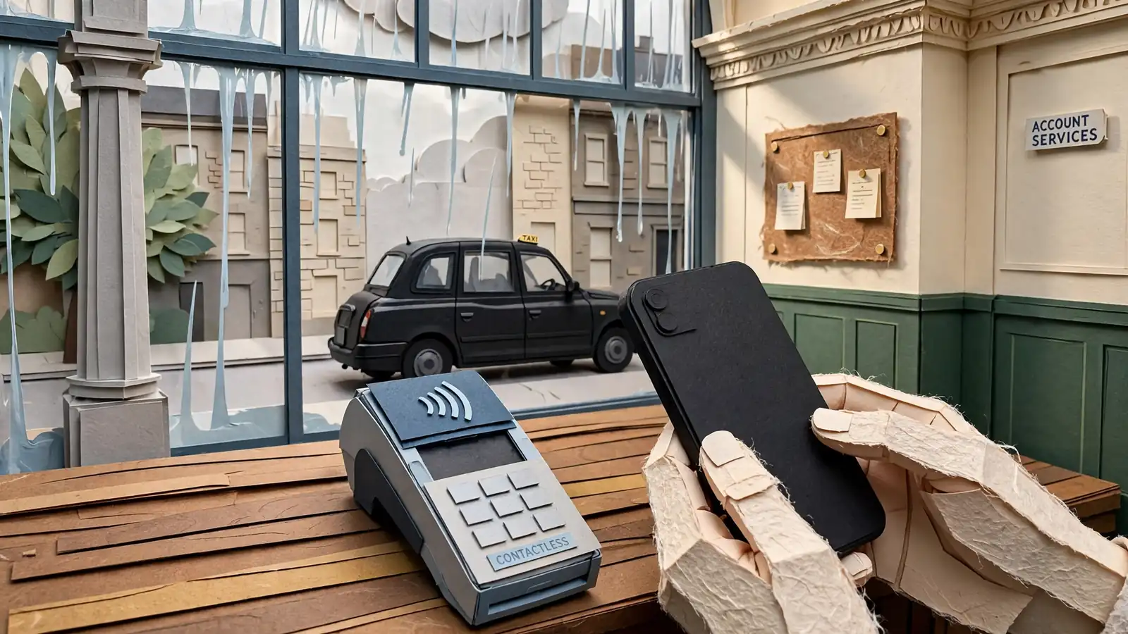 Hands holding a smartphone by a payment terminal in a UK bank branch.