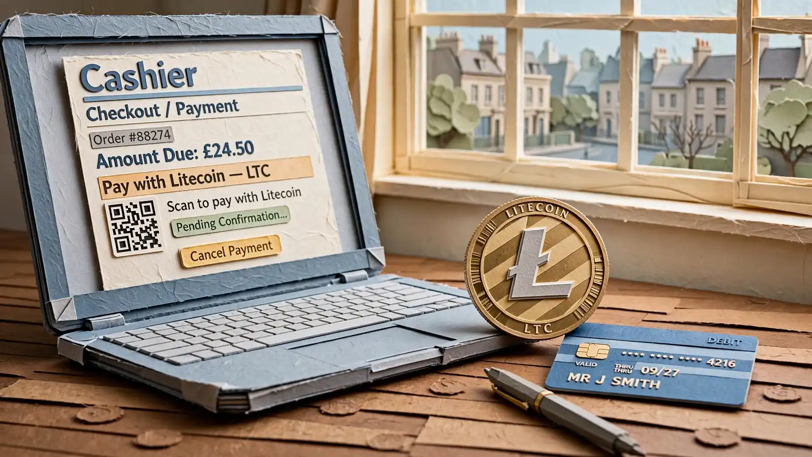 Laptop cashier page with Litecoin coin and UK card on a desk