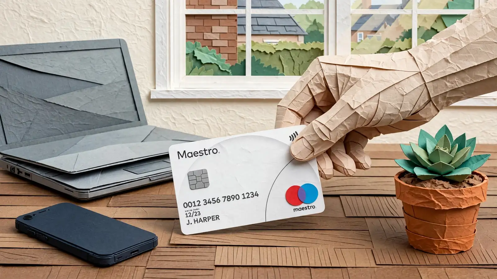 Hand placing a Maestro debit card beside a laptop and smartphone on a desk.