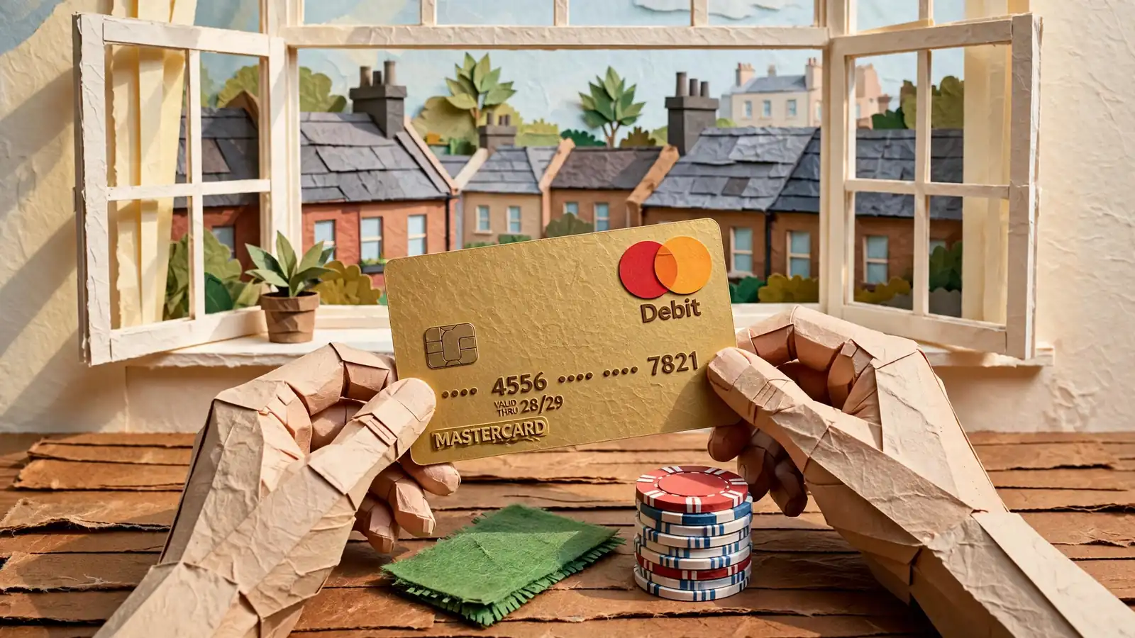 Hands holding a Mastercard debit card on a casino-themed table in a London flat.