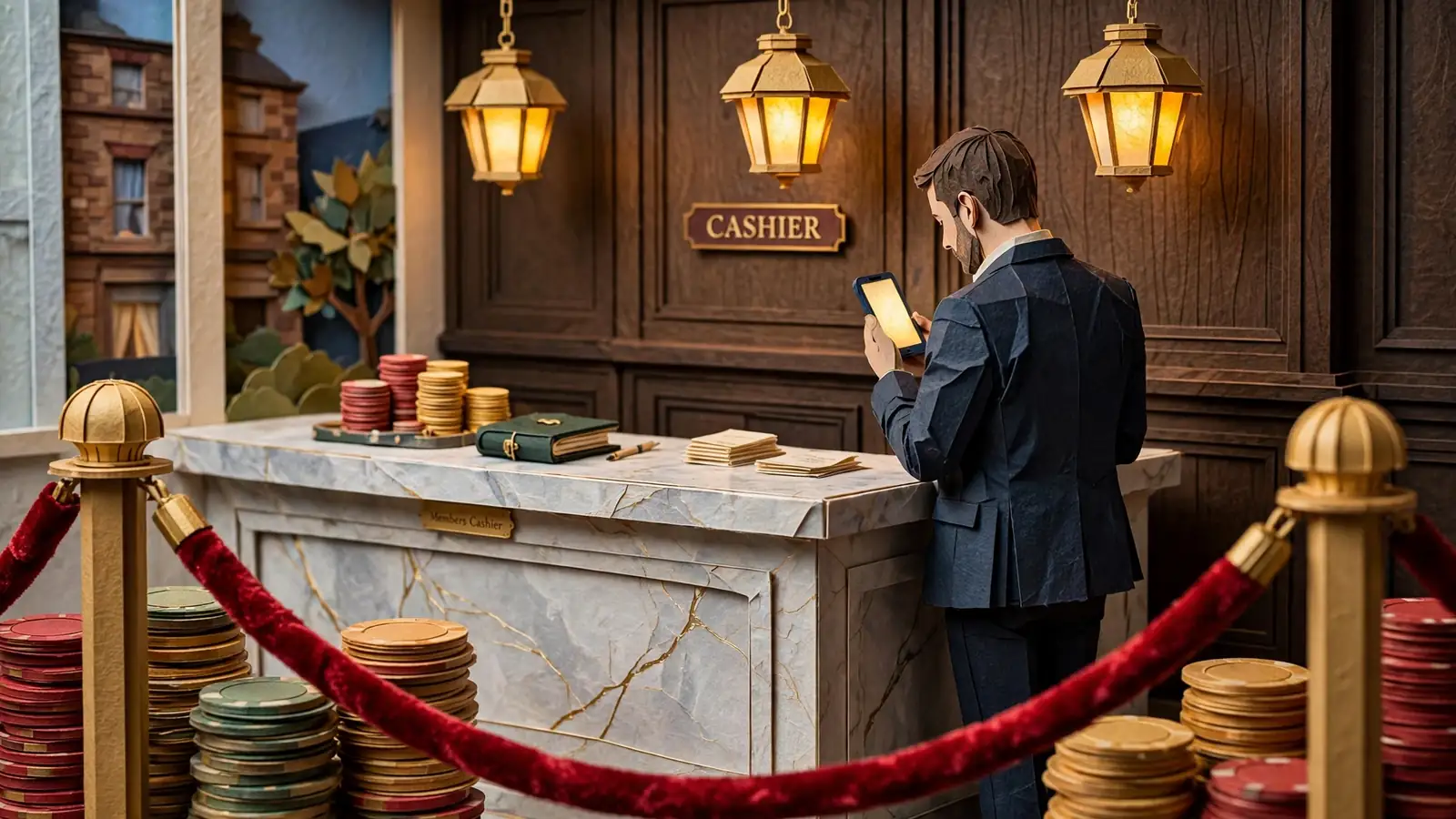 Elegant UK casino cashier area with marble counter and warm evening lighting