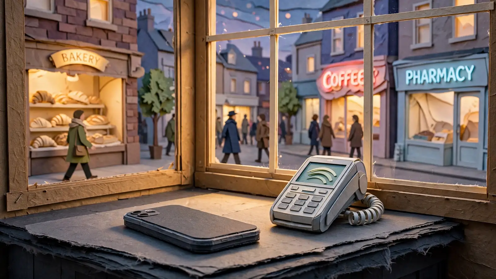 UK high street shop till with a smartphone and contactless payment terminal at dusk