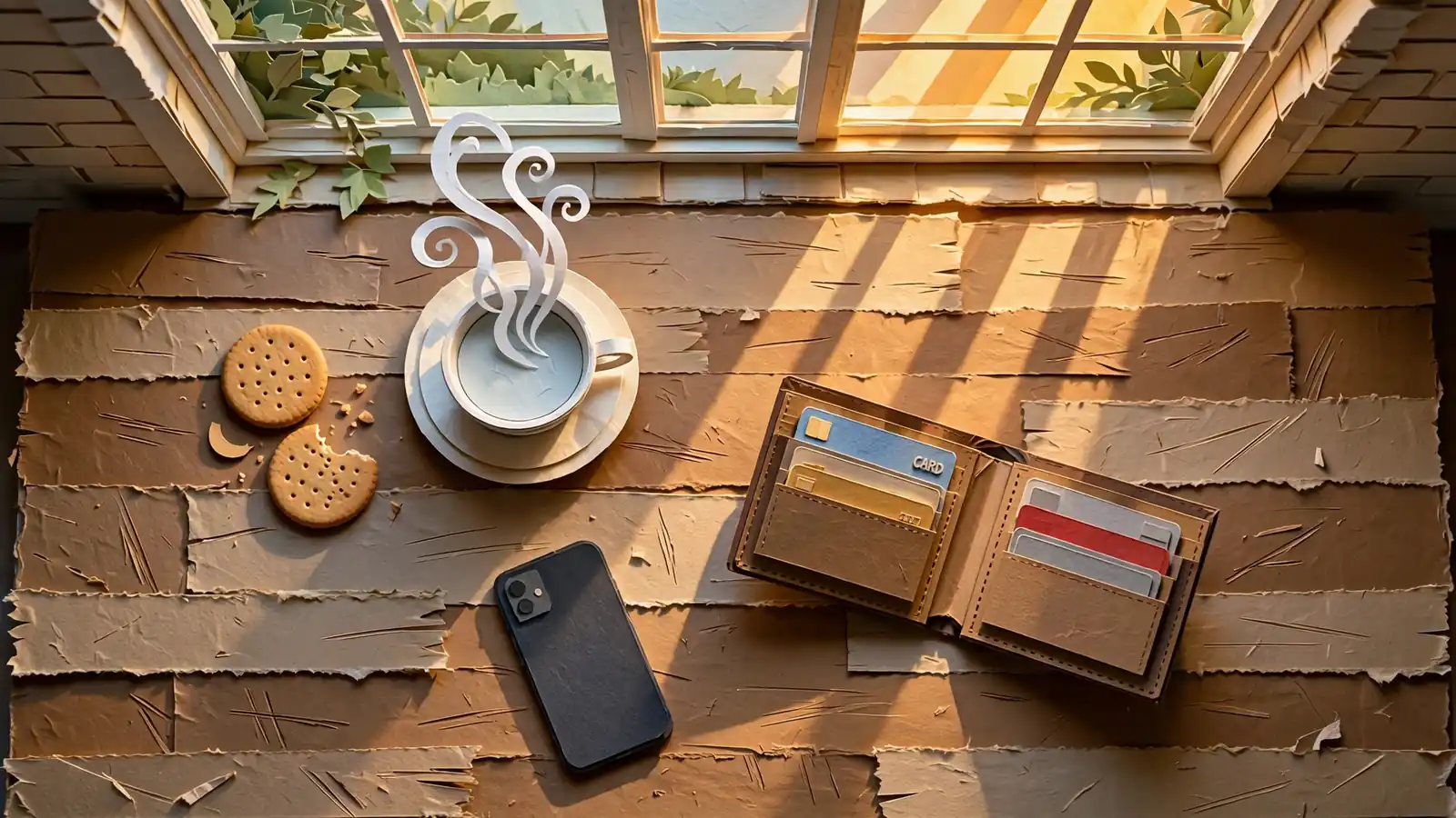Open wallet with payment cards, face-down phone, and tea on a wooden British pub table.