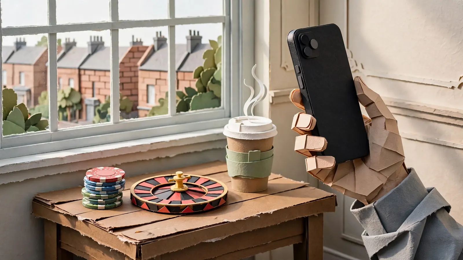 Hand holding a smartphone near casino chips and a roulette wheel in a UK flat.