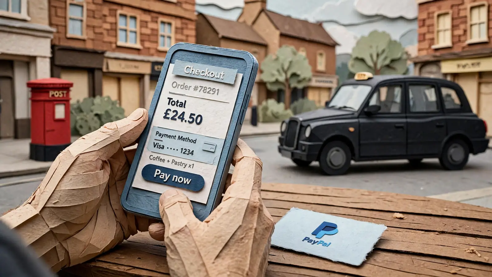 Hands using a smartphone for online payment with PayPal on a London high street café table.