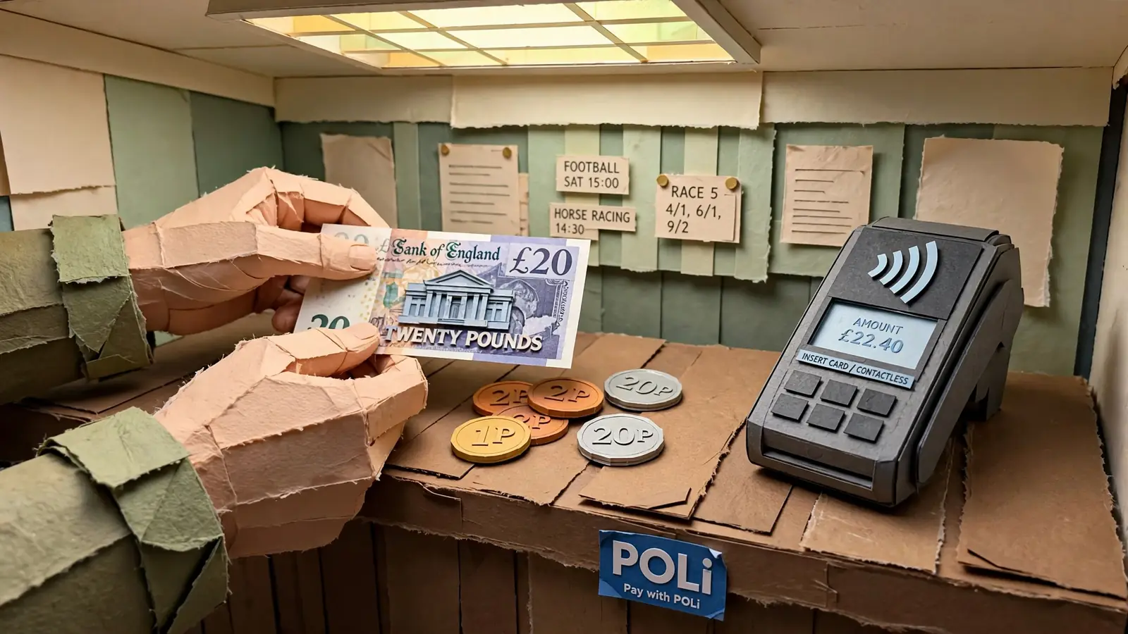 Hands with cash near a payment terminal at a UK betting shop counter.