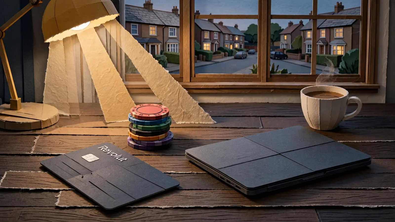 Revolut card, casino chips and a closed laptop on a desk