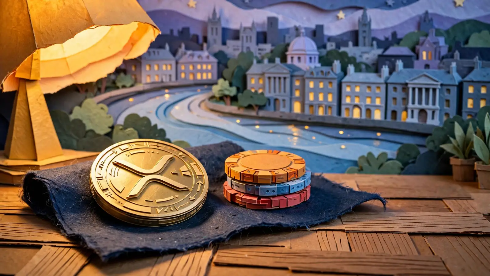 XRP token on a gaming table with casino chips and a blurred London skyline backdrop.