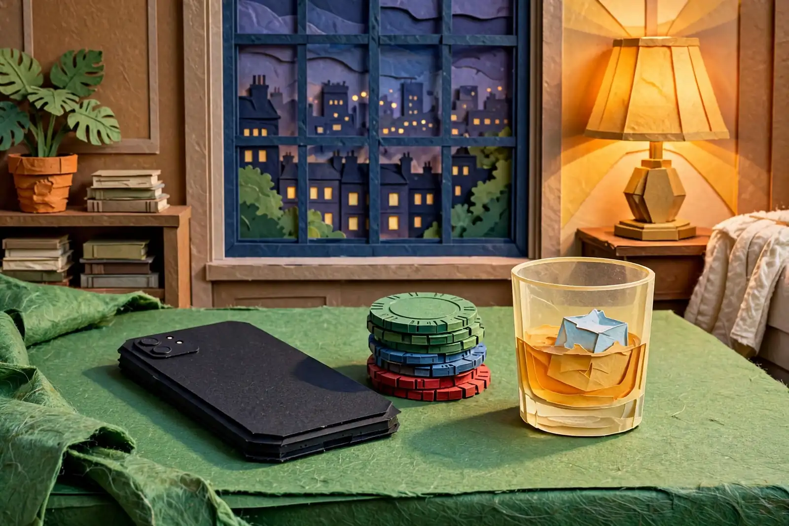 Smartphone on green felt table with poker chips and whisky, warm lamplight in a British flat