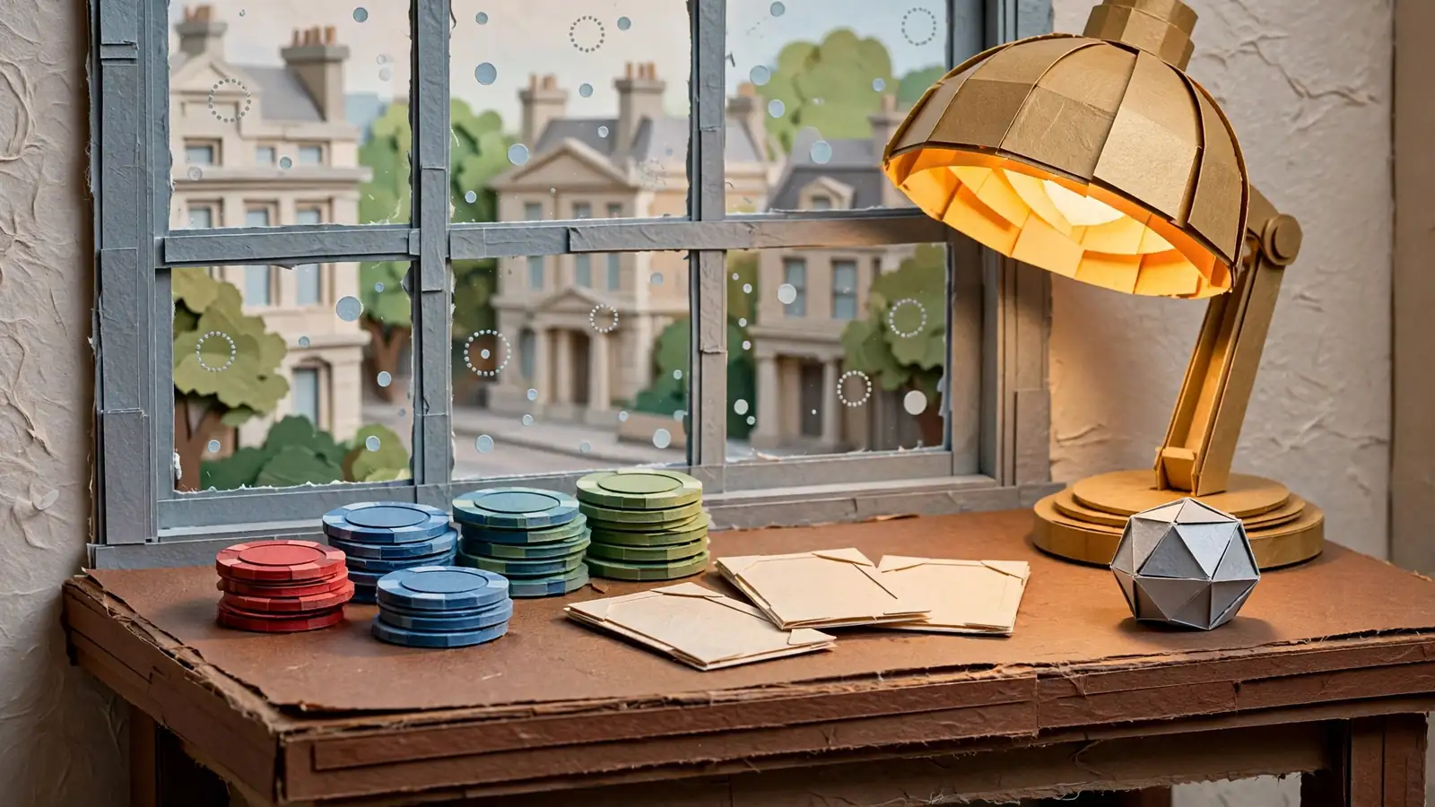 Casino chips and crypto token on a mahogany gaming table with rainy London street view