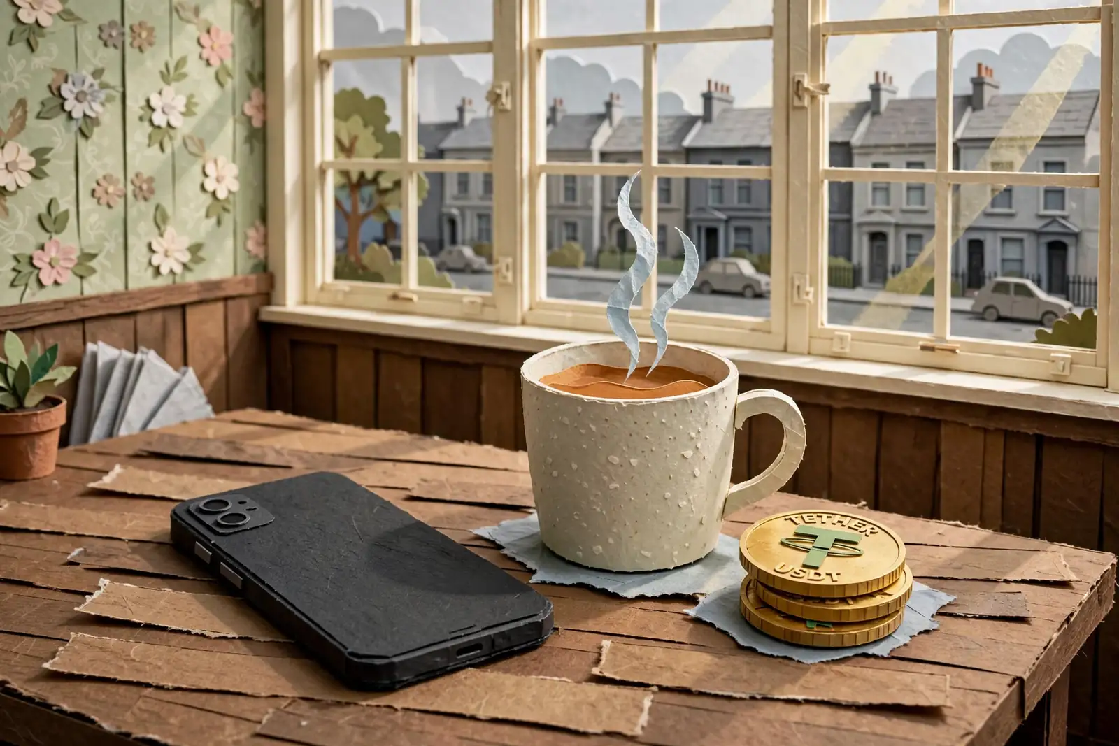 Smartphone face-down on a British cafe table beside Tether coins and tea.