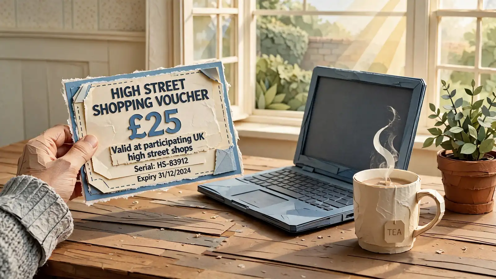 Hand holding a UKash voucher beside a laptop in a British home setting.