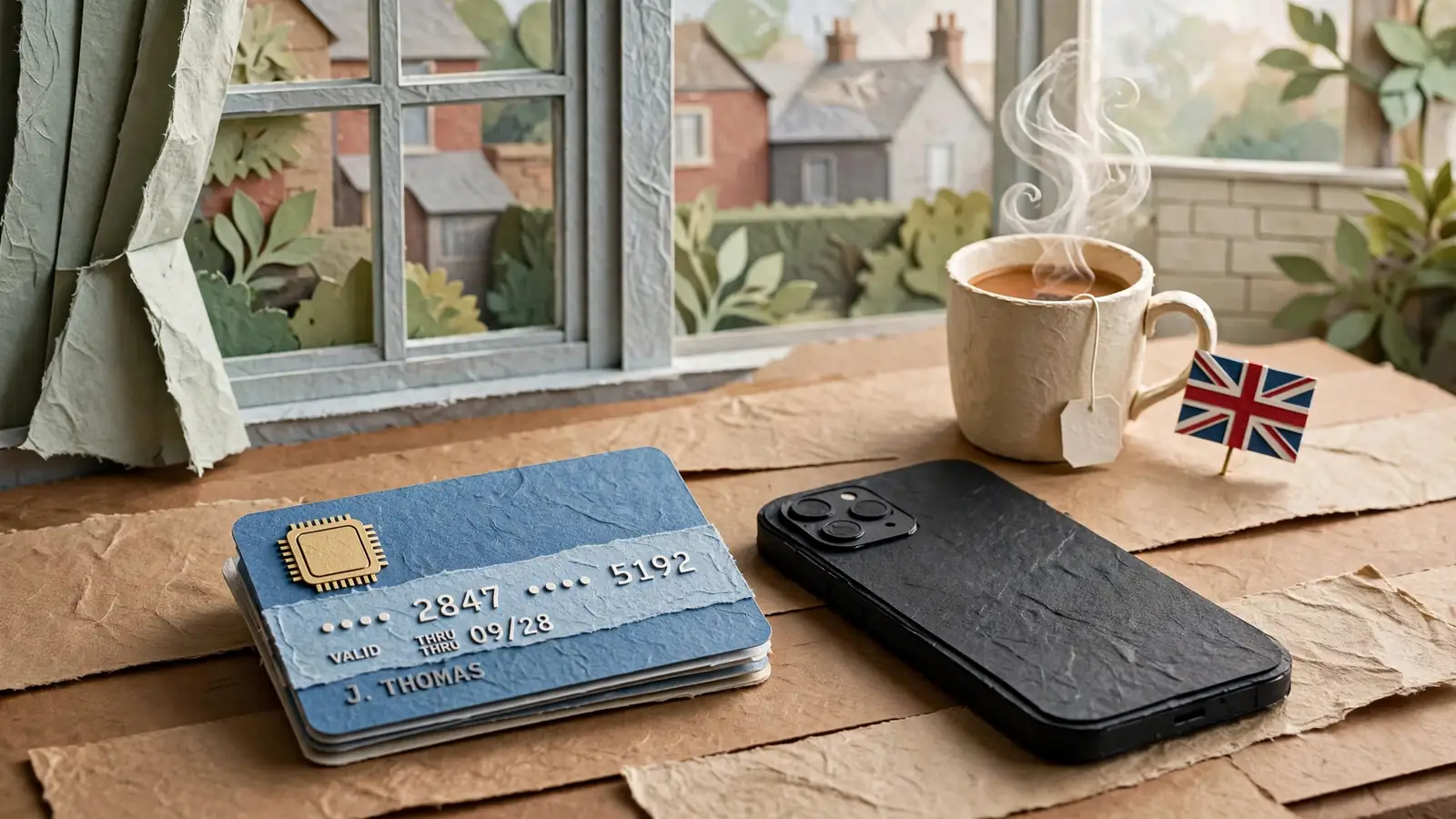 Payment card and smartphone on a wooden table in a British home setting.