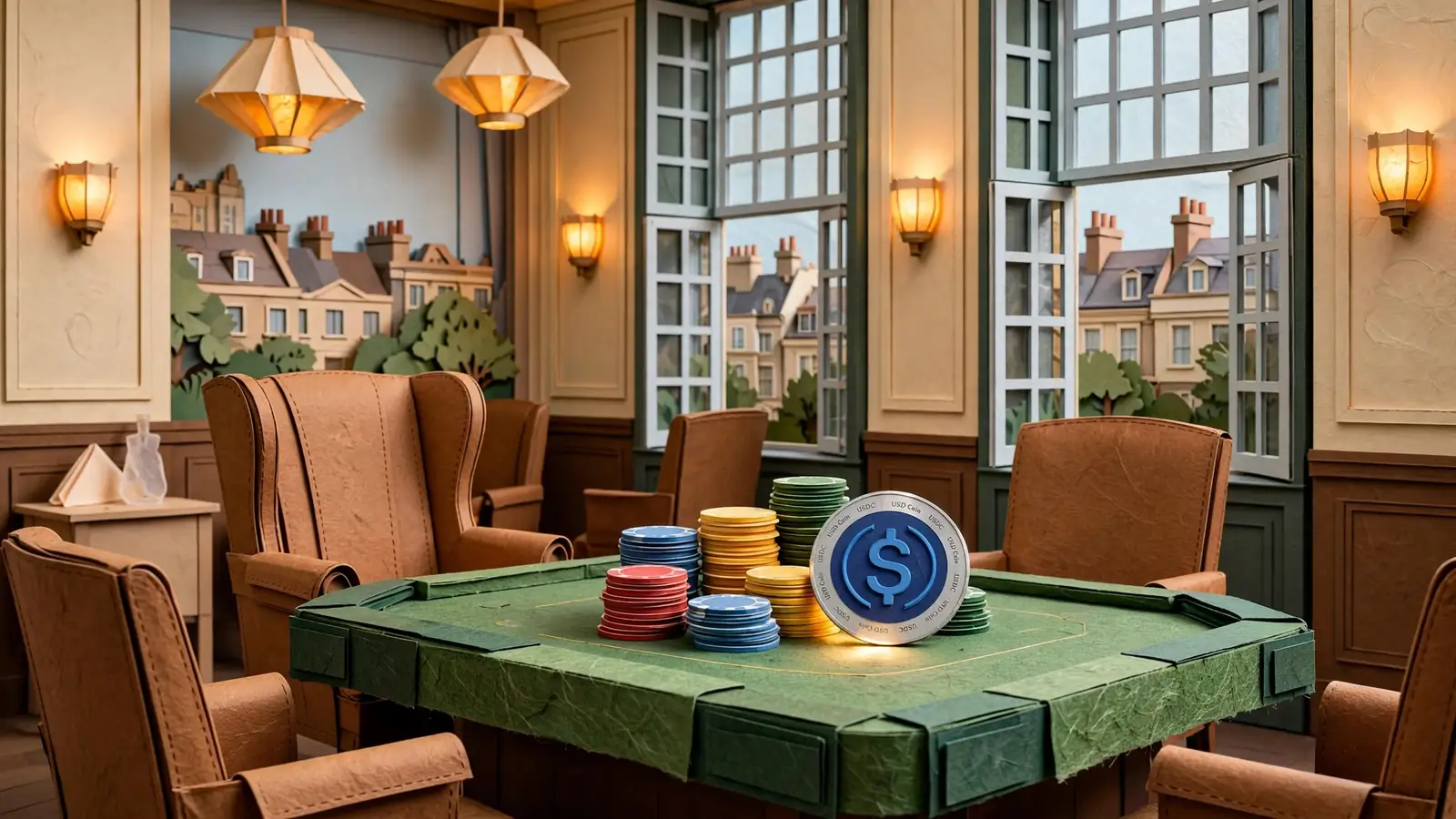 Casino gaming table with poker chips and a USDC stablecoin token in a British club interior.