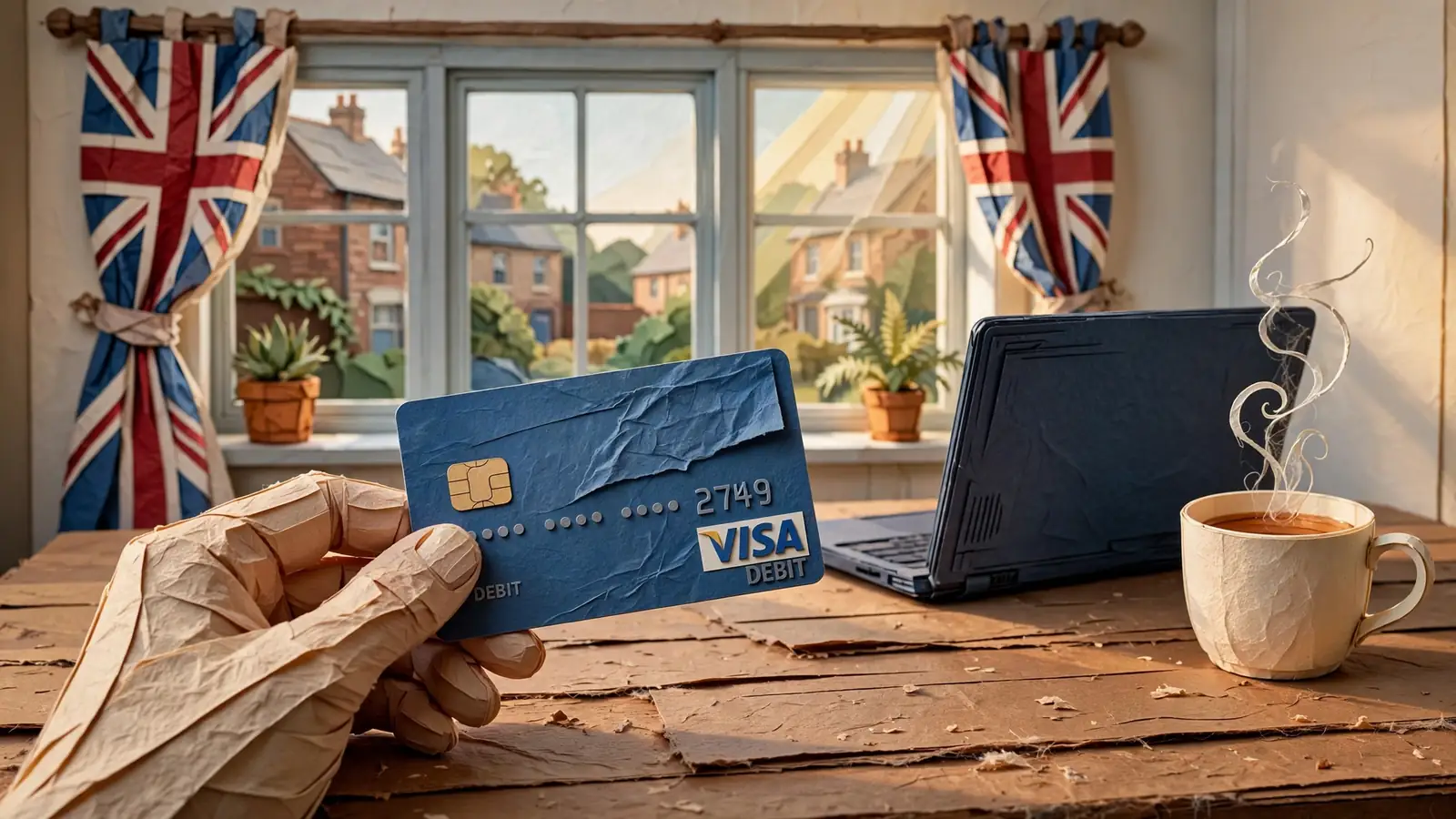 Hand holding a Visa debit card in a British home setting.