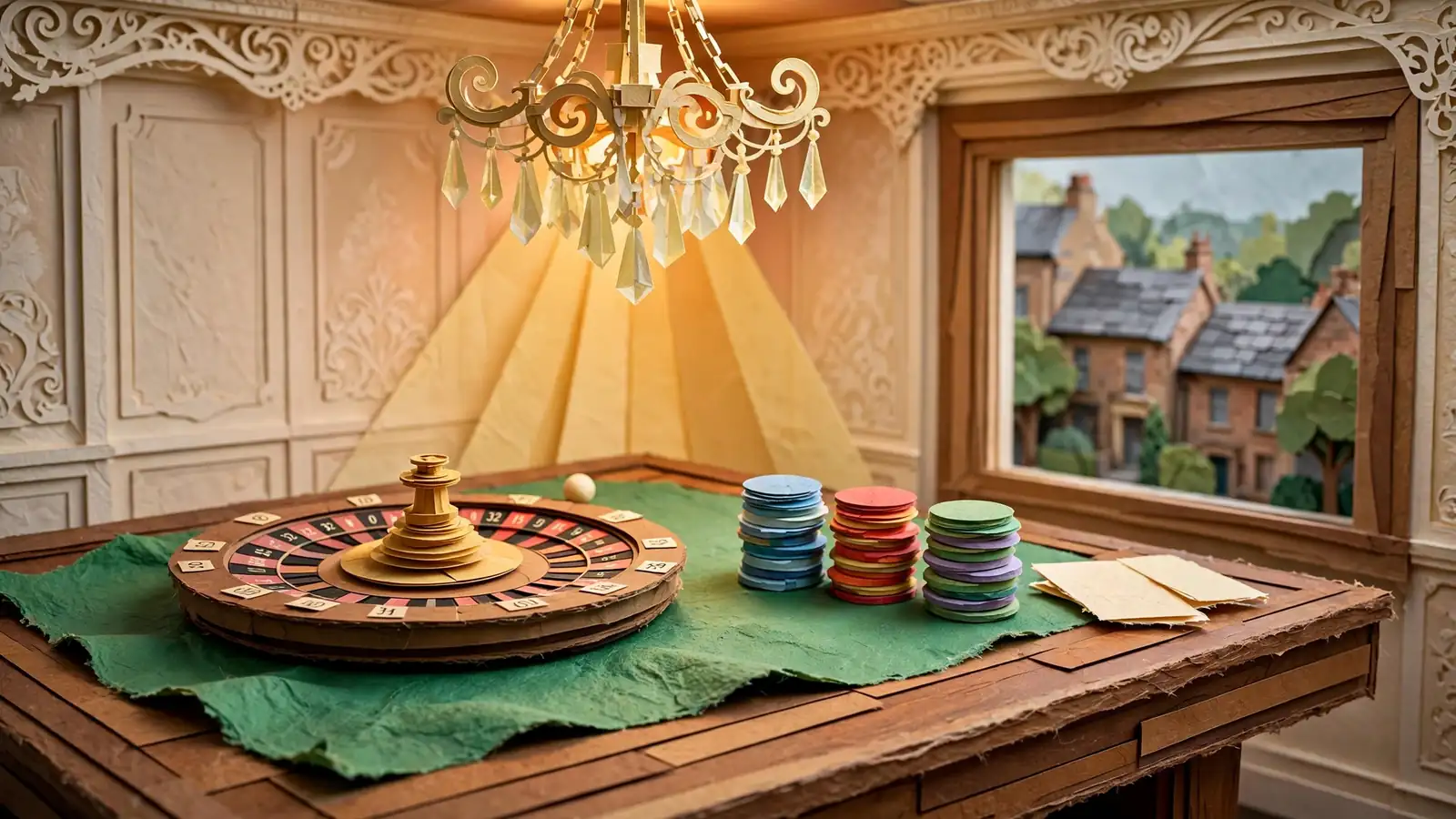 Roulette wheel, chips and cards on a green felt table in a British casino setting.