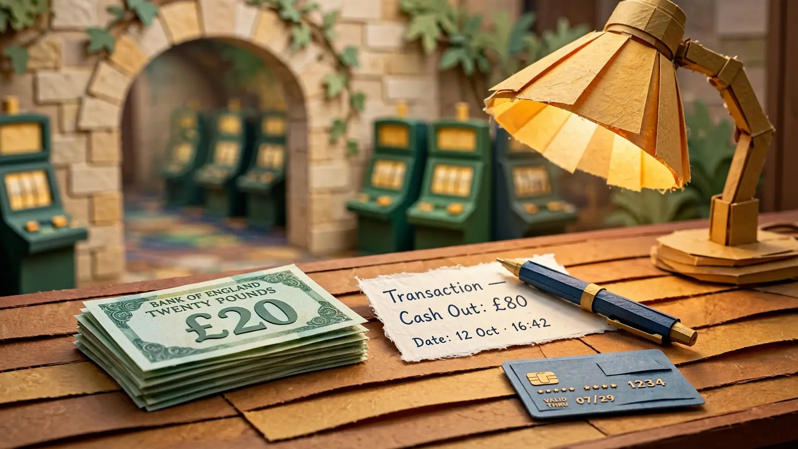 Casino cashier desk with British pounds and a bank slip