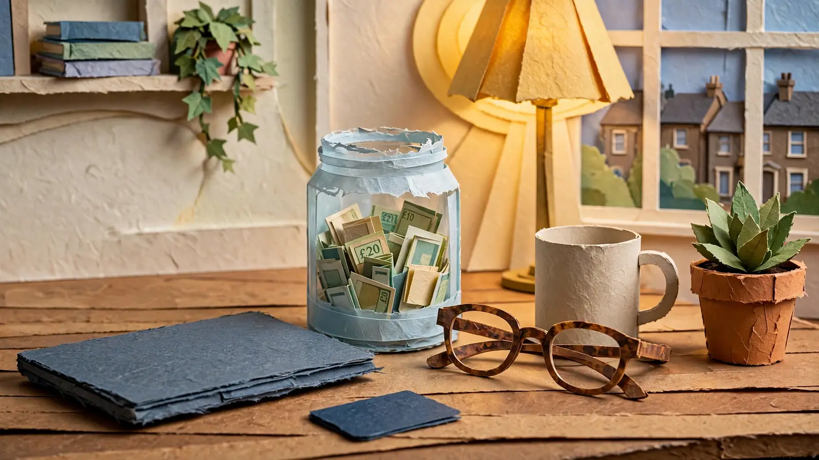 A closed laptop, folded glasses, paper money in a jar on a wooden desk.