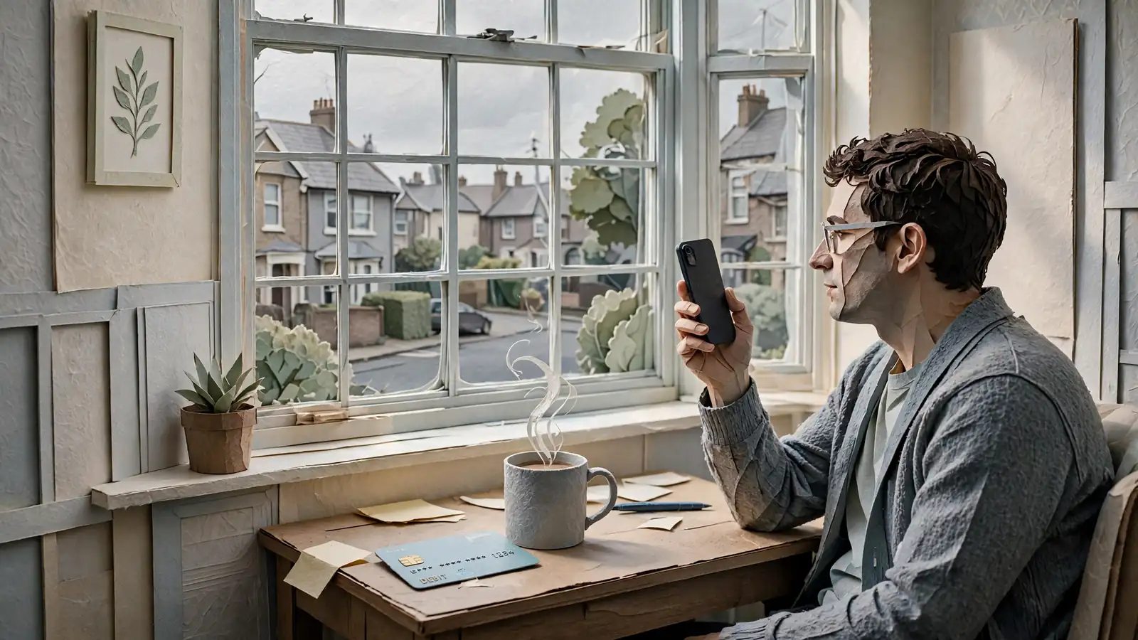 Person at a desk with a smartphone and bank card, soft daylight through window