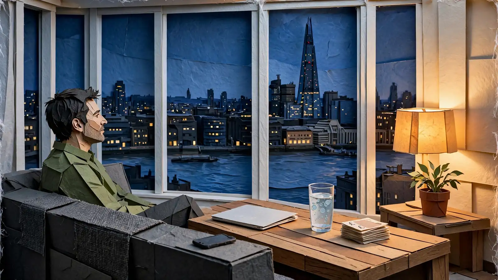 Person in a London apartment at night with a closed laptop, hidden phone screen, and the city skyline through the window.