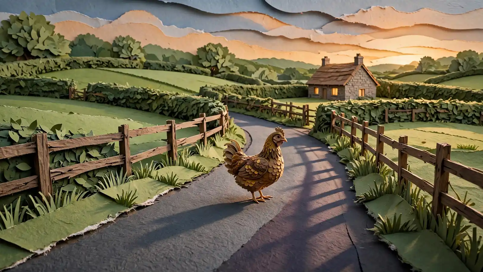 A chicken standing on a rural British country road at dusk.