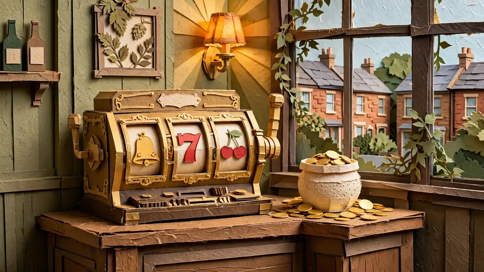 Vintage three-reel slot machine in a traditional British pub.