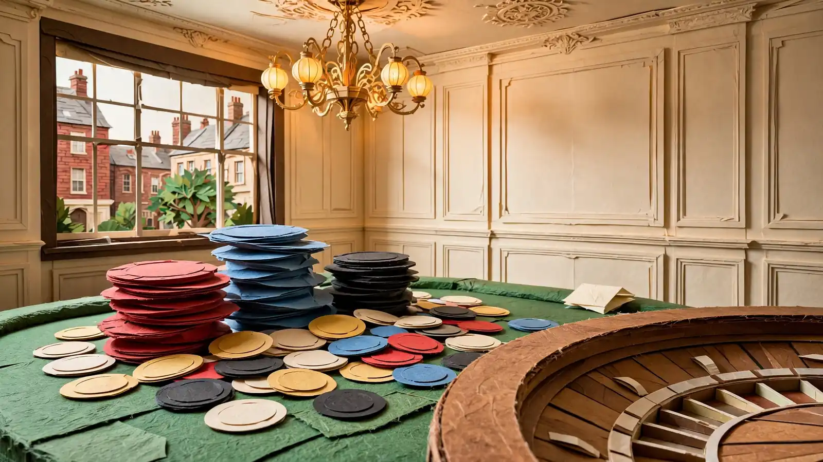 Casino chips on a green baize table beside a roulette wheel in a British room.
